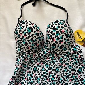 Joe Boxer White Leopard Print Push-Up Halter Tankini with Teal & Pink Accents